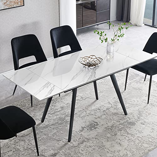 Comfy To Go Extendable Modern Dining Table, White Dining Room Table For 6 Seat With Sintered Stone Tabletop & Metal Legs For Restaurants, Living Room -71" X 32" X 30" Inches #TOP1
