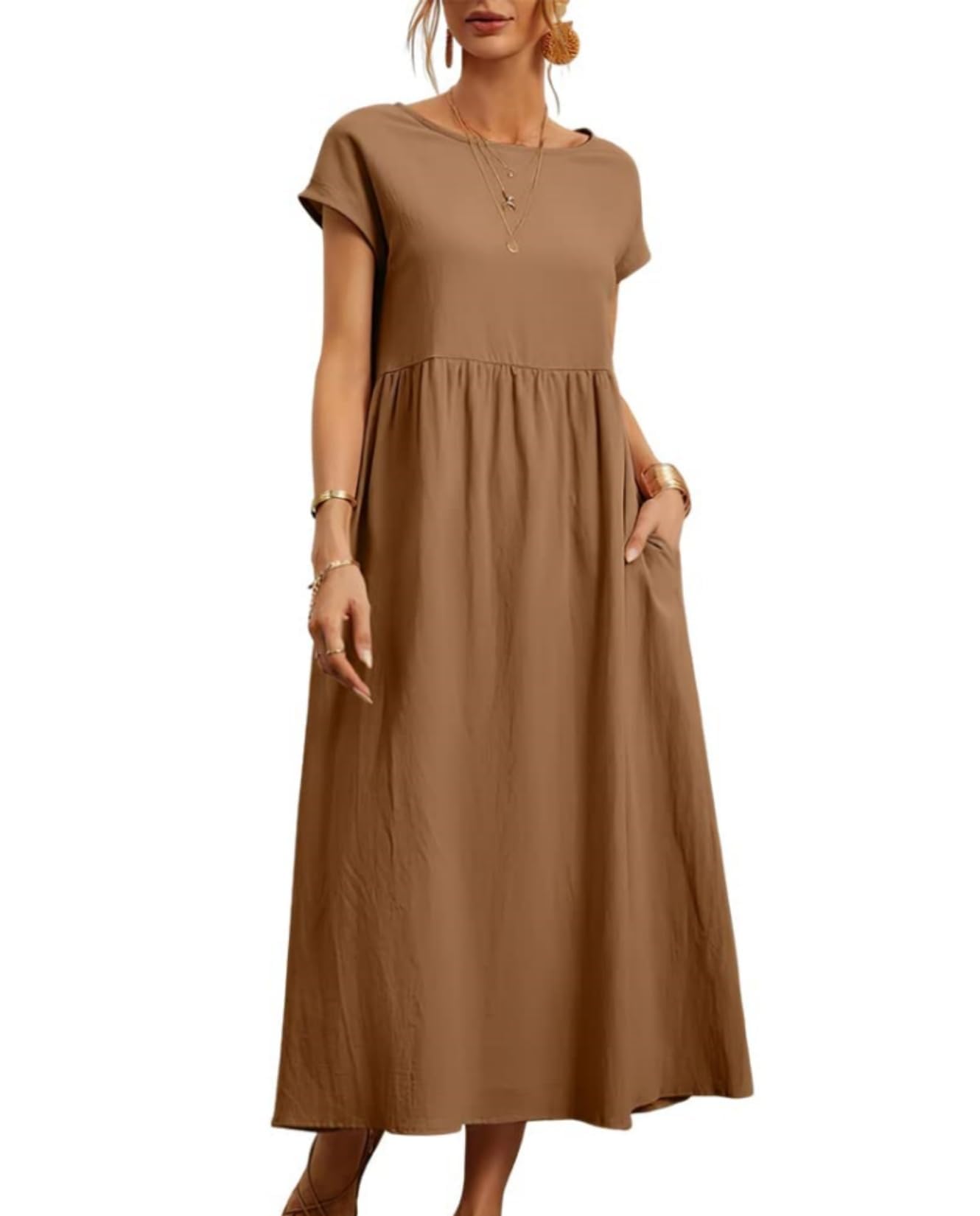 HOTYD Cotton Linen Dress for Women Summer Short Sleeve Boho Midi Dress Crew Neck Baggy Tunic Beach Dresses with Pockets