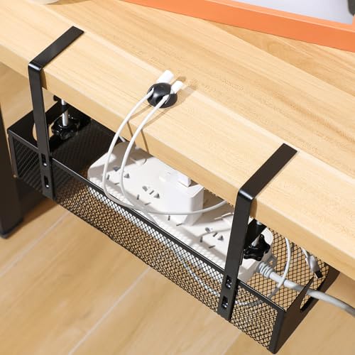 Bandeja ajustable para gestión de cables bajo escritorio, organizador de cables sin perforación, cesta resistente y de gran capacidad, soporte oculto para regleta para escritorios de oficina y hogar (Negro) miniatura 3
