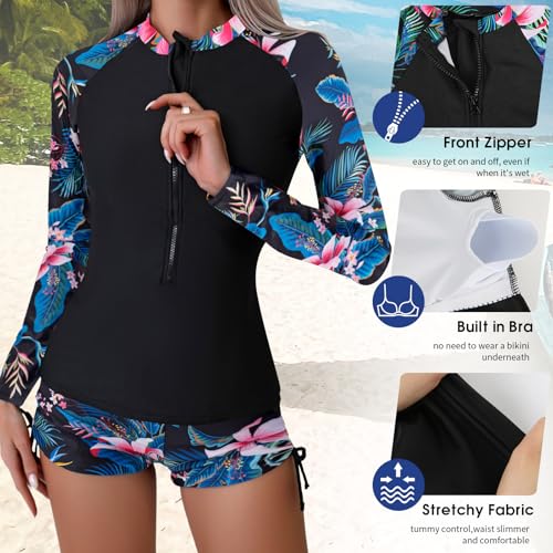 SHAPERIN Women's Long Sleeve Rash Guard 2 Piece Swimsuits UV UPF 50+ Surfing Swim Shirt Bathing Suit with Boyshort Bottom Black 2XL — view 4