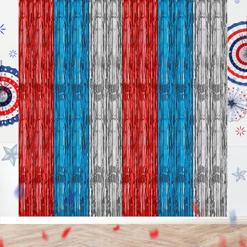 Childom 4th of July Decorations,2 Pack Red White Blue Tinsel Foil Fringe Curtains,Patriotic Decorations 3.28 x 8.2ft,July 4th Photo Booth Prop Streamer Backdrop for Independence Day Patriotic Party