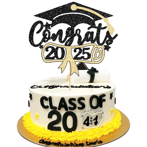 1Pc Gold Glitter Congrats 2025 Cake Topper 2025 Graduation Cake Decoration for 2025 Congrats Grad 2025 High School College Senior Graduation Party Decorations Supplies