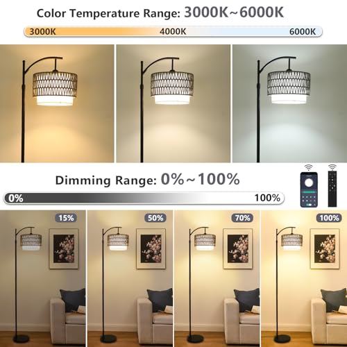Image of eyassi Floor Lamps for Living Room, Arc Standing Lamp with Remote & Dimmable Bulb, Boho Rattan Floor Lamp for Bedroom with 3 Color Temperatures, Farmhouse Tall Lamp, Height Adjustable Stand up Lamp