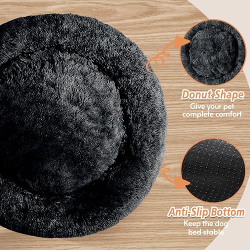 Image of JOLLYVOGUE Calming Dog Bed Medium Size Dog, 31in Donut Washable Medium Pet Bed, Anti-Slip & Anti-Anxiety Fluffy Faux Fur Round Dogs Bed, Fits up to 45 lbs Pets (Black)
