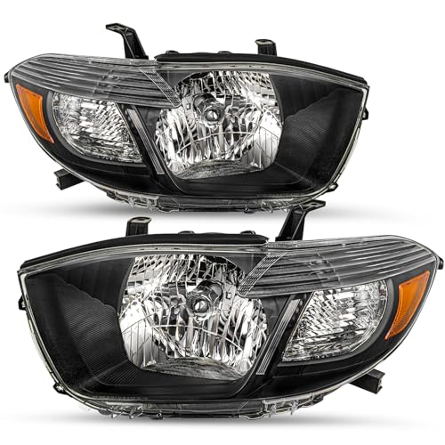 SOCKIR Halogen Headlight Assembly Fit for 2008 2009 2010 Toyota Highlander, 08 09 10 Highlander Black Housing with Amber Reflector