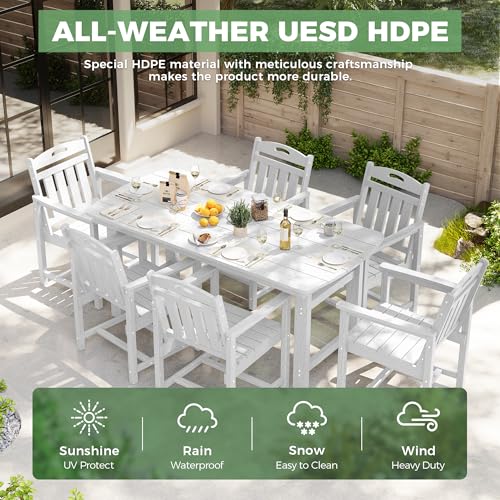 Image of HDPE Outdoor Dining Set, Patio Table and Chairs Set, All-Weather 7-Piece Outside Table and 6 Chairs, 2 inch Umbrella Hole, Outdoor Furniture for Garden, Poolside, Backyard, Deck | White