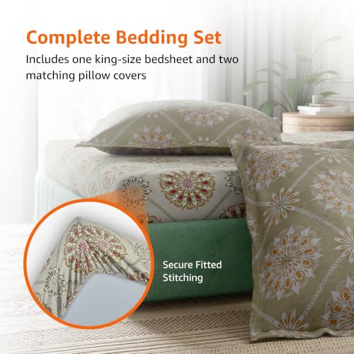 Image of Amazon Basics - 100% Cotton Fitted Bedsheet | 144TC |Fitted King Bed Sheet with 2 Pillow Cover|Soft Cotton | Floral Print | 78 Inch x 72 Inch - 8 Inch Drop, Mustard Yellow