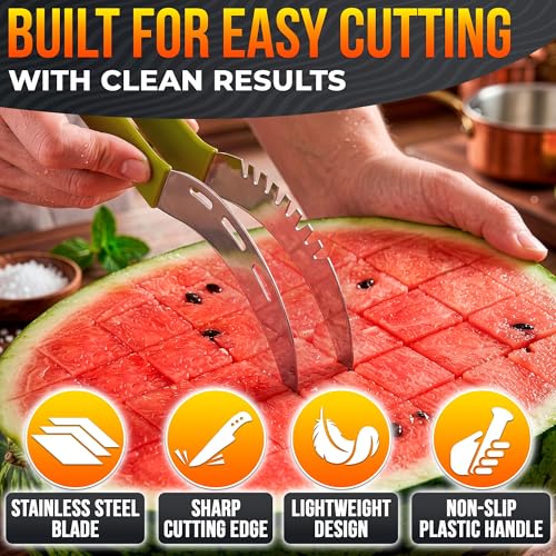 Image of 2-in-1 Watermelon Cutter Slicer Tool - Create Clean 1 inch Cubes & Slices with Watermelon Slicer for Cutting & Serving - Stainless Steel Fruit Cutter Kitchen Gadget for BBQ, Picnic, Camping & Snack Prep