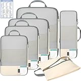 BAGAIL 6 Set Lightweight Compression Packing Cubes with Packing List, Anti-Tearing Expandable Organizer Bags for Travel, Beige