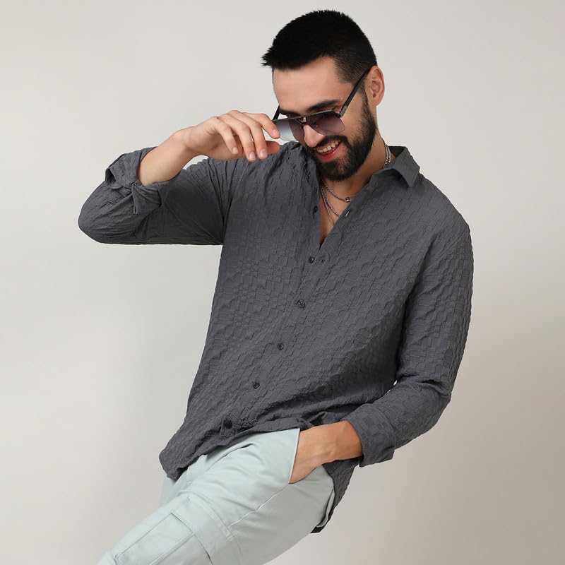 Image of CAHOOT Men's Twisted Crease Shirt for Casual Wear | Spread Collar | Long Sleeve | Button Closure | Shirt Crafted with Comfort Fit for Everyday Wear
