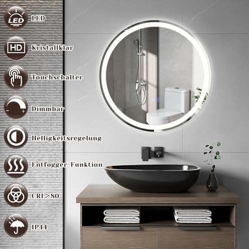 Mursche Rund Badspiegel Mit Beleuchtung - LED Bad Wand Spiegel Badezimmer Wandspiegel Mit Licht, IP44 50 cm Runder Badezimmerspiegel Bathroom Mirror Mit Beleuchtet und Entfogger-Funktion 6