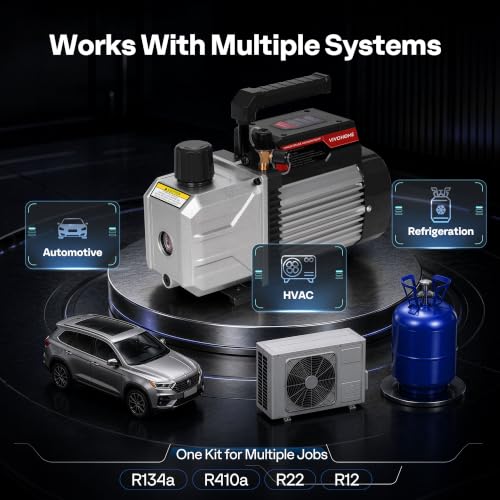 Image of VIVOHOME 1 /3 HP 5CFM 1 Stage AC Vacuum Pump and 4 Way AC Manifold Gauge Set | 110V HVAC Vacuum Pump Kit, Leak Detector, 5ft Hoses, for R134a R410a R12 R22 R502 Air Conditioning Refrigeration Recharging