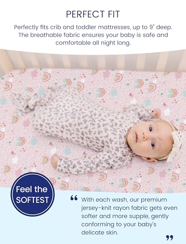 Image of TotAha Pink Rainbow Crib Sheets Girl - Hypoallergenic, Silky Comfort, Buttery Soft, Calming Effect, All-Season Premium Stretchy Jersey-Knit Sheets, 9'' Extra Deep Pocket-2 Pack
