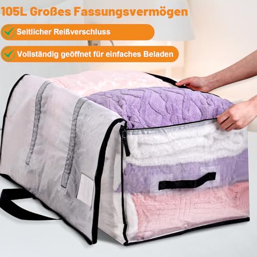 Dntorx 4 Stück 105L Große Aufbewahrungstasche mit Deckel, Faltbare Transparente Umzugskartons Groß mit Reißverschluss Griffe Weihnachtslager für Weihnachtsbaum Tasche Umzug Bettwäsche Aufbewahrung