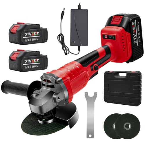 Cordless Angle Grinder, Brushless Grinder with 2 Batteries, 125mm Professional Electric Power Tools 23000RPM 3-Speed Adjustable with 2-Position Auxiliary Handle, Cutting, Grinding, Polishing
