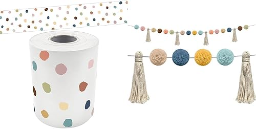 Teacher Created Resources Everyone is Welcome Painted Dots Straight Rolled Border Trim (TCR8912) y guirnalda de pompones y borlas