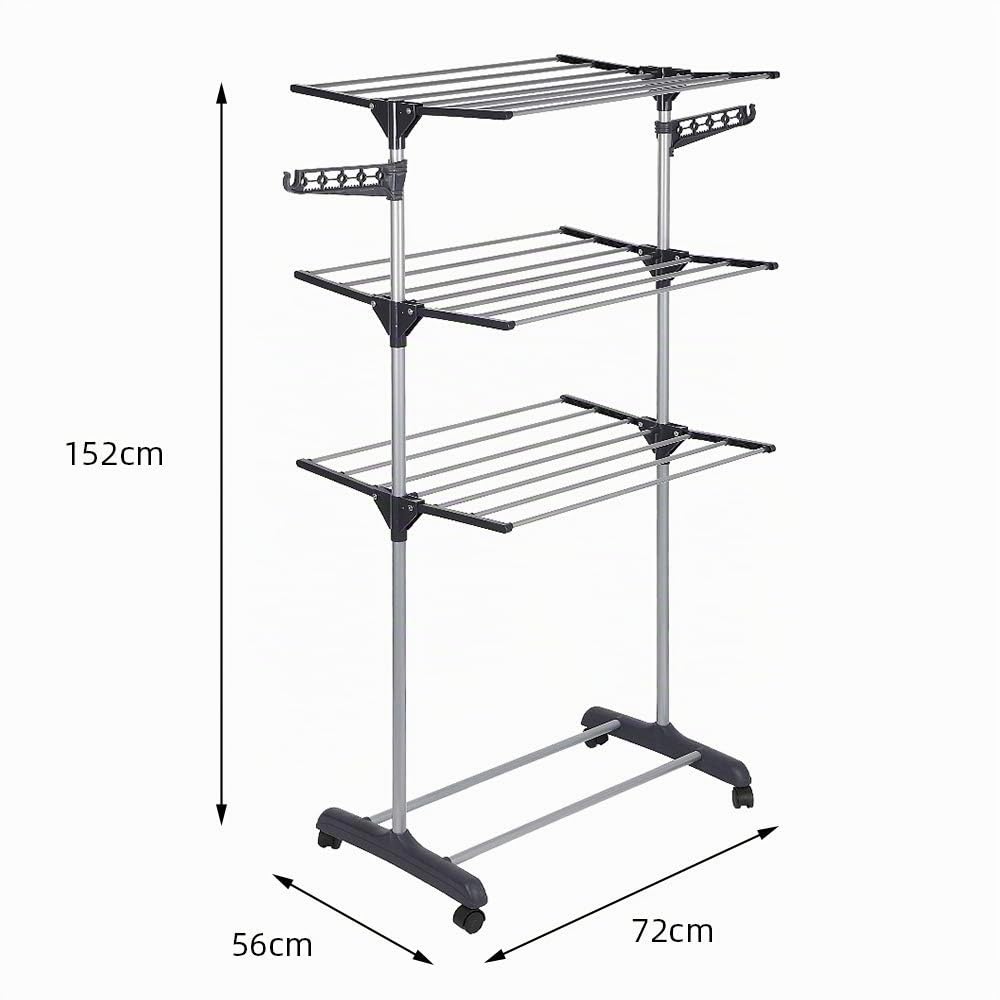 LANTUS Stendino Verticale in Acciaio Inox, Stendibiancheria Pieghevole con 3 Ripiani Regolabili e 4 Ruote, 72*56*152 cm (grigio)