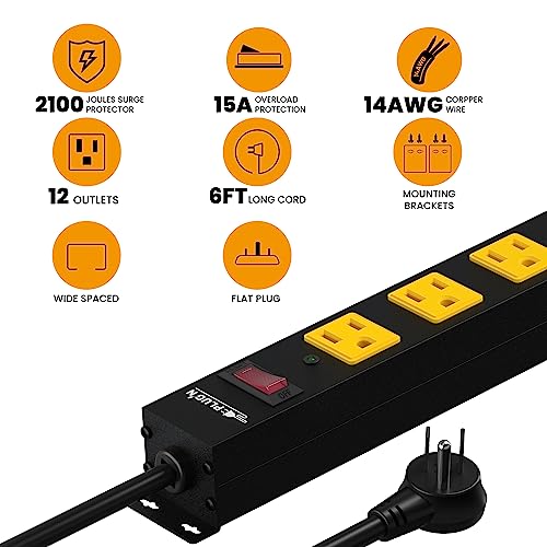 Image of 12 Outlet Long Power Strip, 2100 Joules Surge Protector, 6FT Power Cord, Wide Spaced Outlet Power Bar, Overload Protection Switch, Industrial Heavy Duty for Work Bench, Shop, Garage