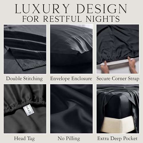 Image of KARISSA MAE Luxury Bamboo Viscose Split King Size Sheet Set, FSC Certified | Includes 2 Twin XL Fitted Sheets | Sleep Number & Adjustable Bed | Cooling | 18 inch Deep Pocket w / Corner Straps [Black]