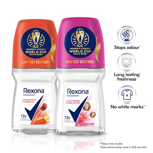 Image of Rexona Lotus Flower & Shea Butter and Sandalwood & Jojoba Oil Antiperspirant Roll-On | for Women | Limited Edition Pack - ICC Women's Cricket World Cup India 2025 |50 ML (Pack of 2)