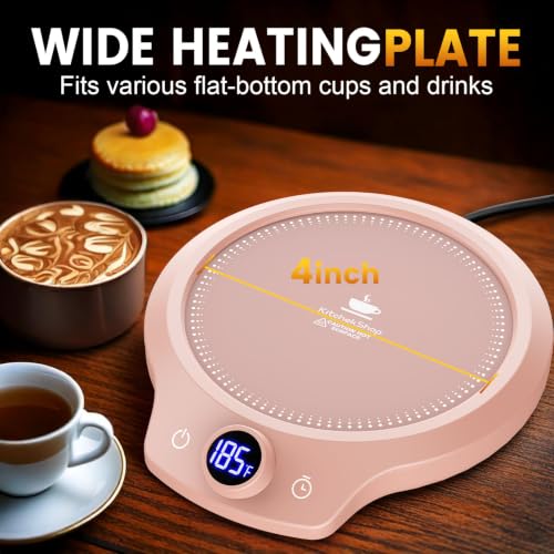 Image of Fast Heating Mug Warmer - 4 Temp Settings & 1-12H Timer, Coffee Cup Warmer Plate for Desk Auto Shut Off, Ideal Beverage Warmer Gift for Coffee, Tea, Milk (Pink)