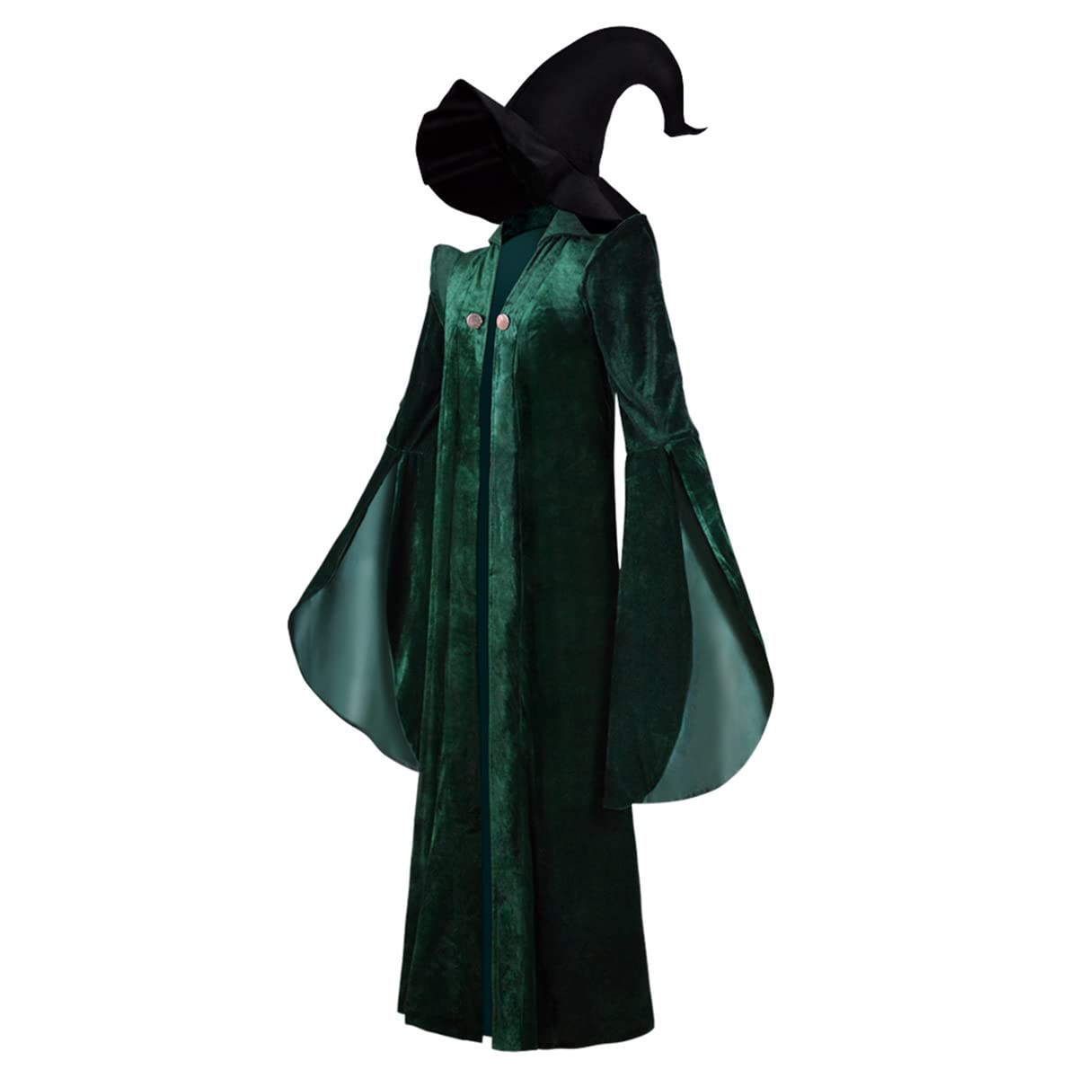 PTGHCOS Womens Professor Wizard Costume Green Wizard Sorceress Cloak Cape Robe with Black Witch Hat Halloween Cosplay Costume