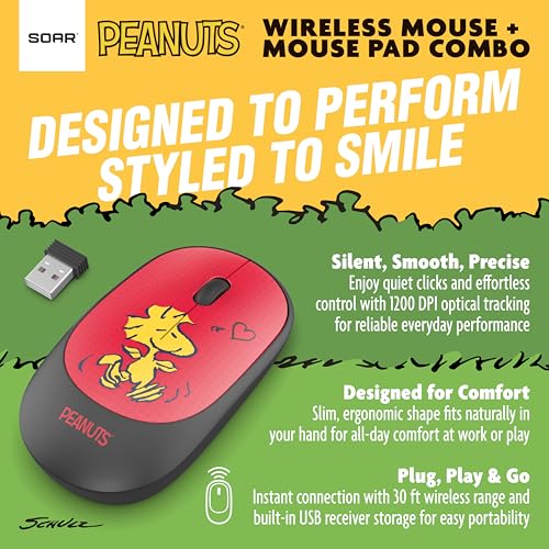 Image of SOAR Peanuts Mouse & Mouse Pad Combo Red- Snoopy and Woodstock Hug