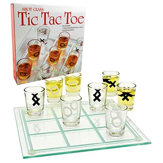 Matty's Toy Stop Tic-Tac-Toe, Three in A Row Shot Glass Drinking Game with 9 Shot Glasses and Glass Game Board (10" x 10")