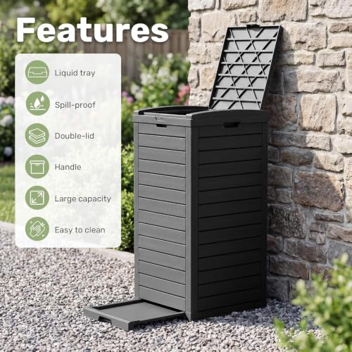 WTFGO Outdoor Trash Can with Lid, Waterproof Plastic Outdoor Garbage Can with Drip Tray,Large Trash Can Outside for Patio, Garage, Pool, Garden, Backyard & Deck, Black (32 Gallon) - image 3