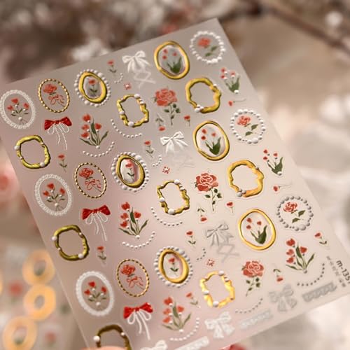 Image of Vintage Rose Nail Stickers with Gold Foil Frame Nail Decals 5D Embossed Self-Adhesive Nails Art Stickers for Women Manicure Decoration Accessories Supply