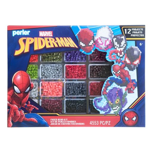 Perler Marvel's Spider-Man Deluxe Box Fused Bead Kit, 12 Unique Patterns with Pegboard, Multicolor 4453 Pieces