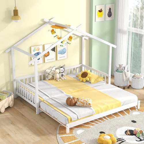 Giantex Wood House Bed for Kids, Twin to King Extendable Daybed with Roof & Fence Rails, Kids Bed for Teens, Boys & Girls, Twin Floor Day Bed, No Box Spring Needed, White