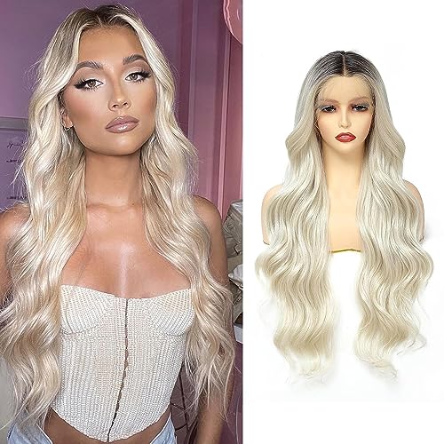 X-Tress 28" Lace Front Wig for Women Pretty Curly Hair Wig Synthetic Black Root Wig Fiber Hair Real Natural Looking HD Lace Front Pre Plucked Wig Glueless Wig Soft Hair(Ombre 613)