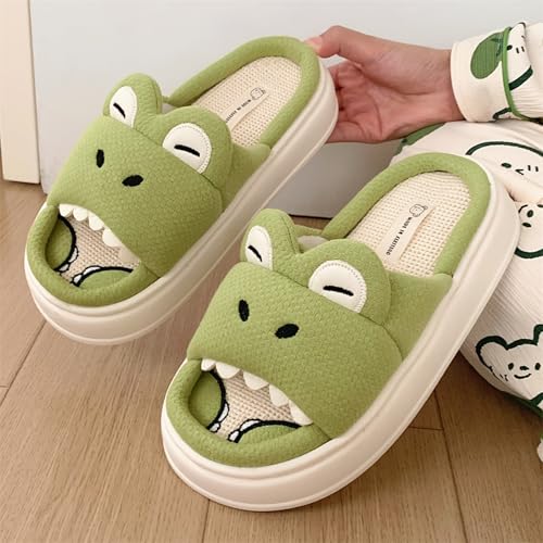 Cute Crocodile Linen Slippers- Thick Sole Soft Indoor Outdoor Slippers for Women/Men, Cute Slippers Cartoon Animal Womens Mens House Shoes Cotton Linen Comfortable Bedroom Kawaii Cloud Slides2