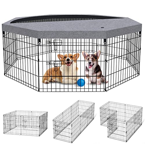 Dog Pen Pet Playpen Dog Fence Indoor Foldable Metal Wire Exercise Puppy Play Yard Pet Enclosure Indoor Outdoor 8 Panels 24 Inch With Bottom Pad/Top Cover (Grey With Top Cover) #TOP15