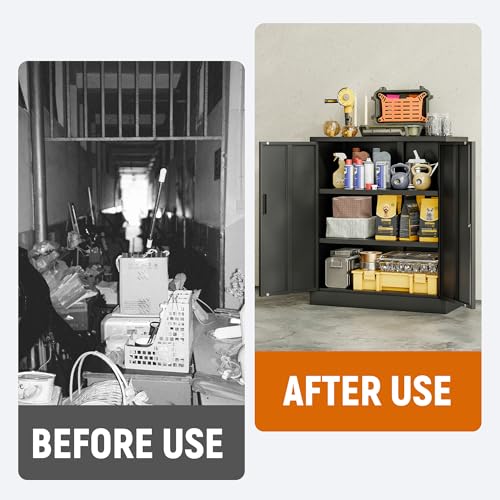 Image of BESFUR Metal Storage Cabinet 36 inch H, Garage Storage Cabinet with 2 Lockable Doors and 2 Adjustable Shelves, Garage Cabinet for Home Office, Garage,School, Warehouse, Utility Room,White