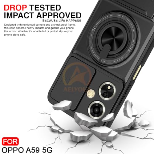 Image of Oppo A59 5G Back Cover | Armor Camera Slider 360 Degree Rotating Finger Ring Holder Case with Bracket Stand Back Case Cover (Compatible with MagSafe Accessories) (Black)