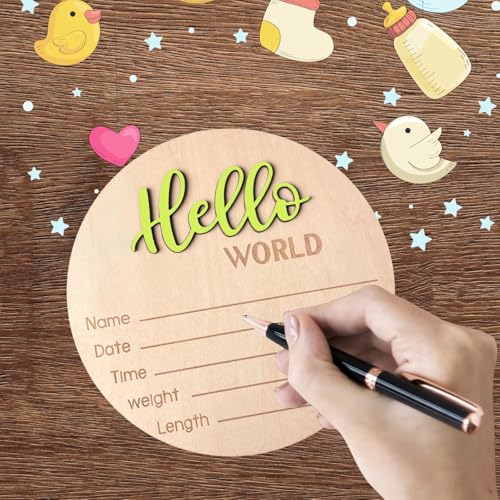 Image of Baby Announcement Sign, 5.9 Inch Wooden Hello World Newborn Signs, Birth Announcement Sign, Baby Shower Hospital Nursery for Newborn Boys and Girls (Wilderness Green)