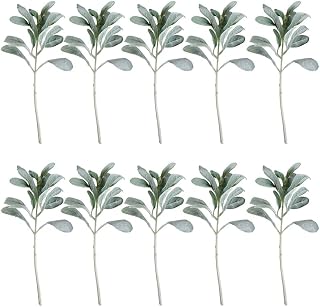 HUFFA 10 Pcs Artificial Flocked Lambs Ear Leaves Dusty Miller Stems Flocked Oak Leaves Lamb's Ear Leaf for Home Wedding DIY