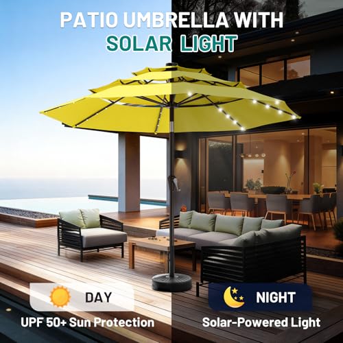 Image of AreShark 9ft 3 Tiers Patio Umbrella with Solar Lights, Outdoor Umbrella w / 32 LED Lights&8 Sturdy Ribs, Table Umbrella for Deck, Backyard, Pool (Yellow)