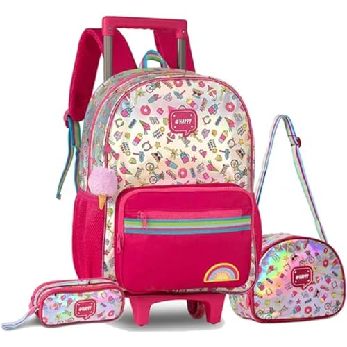 Kit Mochila Escolar Holografica Happy com Rodinha + Lancheira Térmica + Estojo, Infantil pro Volta as Aulas temática de sorvetinho.