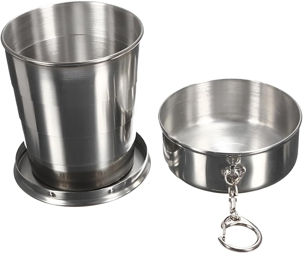 Small Foldable Glass Compact Portable Folding Stainless Steel Travel Mug - 120ml Water Cup with Hanging Chain for Camping, Hiking & Outdoor Adventures (Pack of 1)