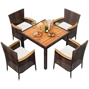 Shintenchi 5 Piece Patio Dining Set, Wicker Patio Conversation Set with Wood Table Top, Outdoor Table and Chairs with Soft Cushions for Backyard, Deck and Garden, Brown Rattan