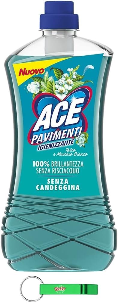 ACE Pavimenti - Limpiador de suelos (12 unidades, talco y almizcle blanco, sin lejía, limpia a fondo y aporta brillo a los suelos, 1 litro, incluye llavero Beni Culinari gratuito)