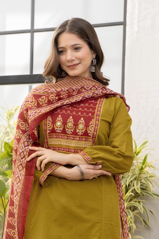 Image of Amayra Women's Cotton Straight Kurta Set with Palazzo Pants & Dupatta- Ethnic Wear