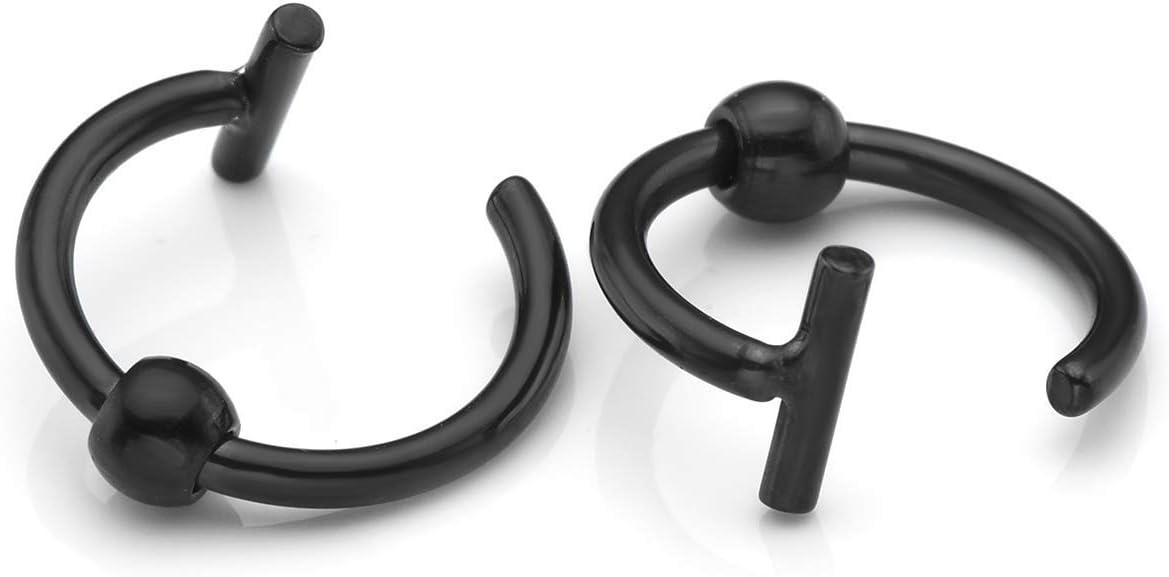 Jovivi 2 pairs 16g Stainless Steel Fake Ear Cuffs Earrings Non Piercing | Silver Black Non-pierced Clip On Lip Nose Hoop Stud Cartilage Rings for Women
