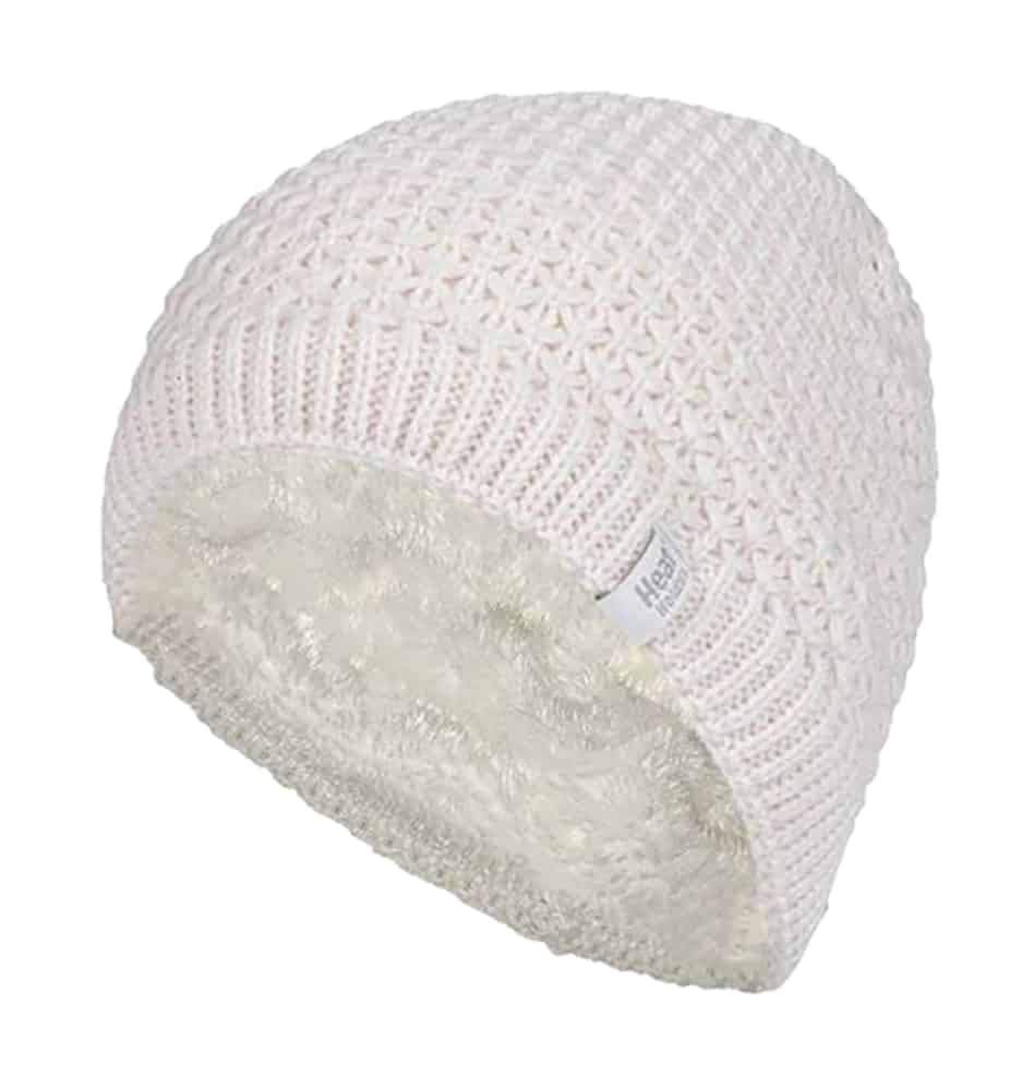 HEAT HOLDERS - Ladies Crochet Knit Style Fleece Lined Warm Thermal Winter Beanie Hat (One Size, Cream (Nora))