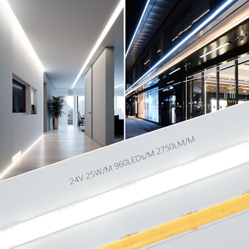 Image of BENLUN 24V 15mm Wide 250W Super Bright COB LED Strip Lights 32.8ft Kit | 6000K Cool White 2 Rolls of 16.4ft LED Tape Light 27500lm CRI 92 with Power Supply for Indoor Decorative Lighting