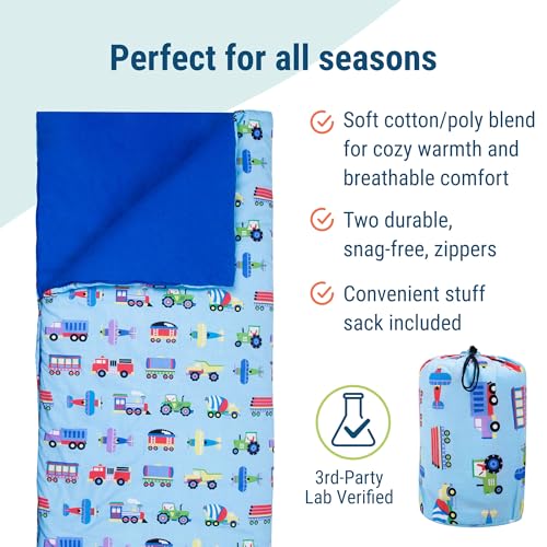 Image of Wildkin Kids Sleeping Bag - Roll-Up Design with Storage Bag for School, Travel & Camping - Trains, Planes, and Trucks