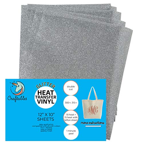 Craftables Silver Glitter Heat Transfer Vinyl, HTV - 5 Sheets Sparkling Easy to Weed Tshirt Iron on Vinyl for Silhouette Cameo, Cricut, All Craft Cutters. Ships Flat